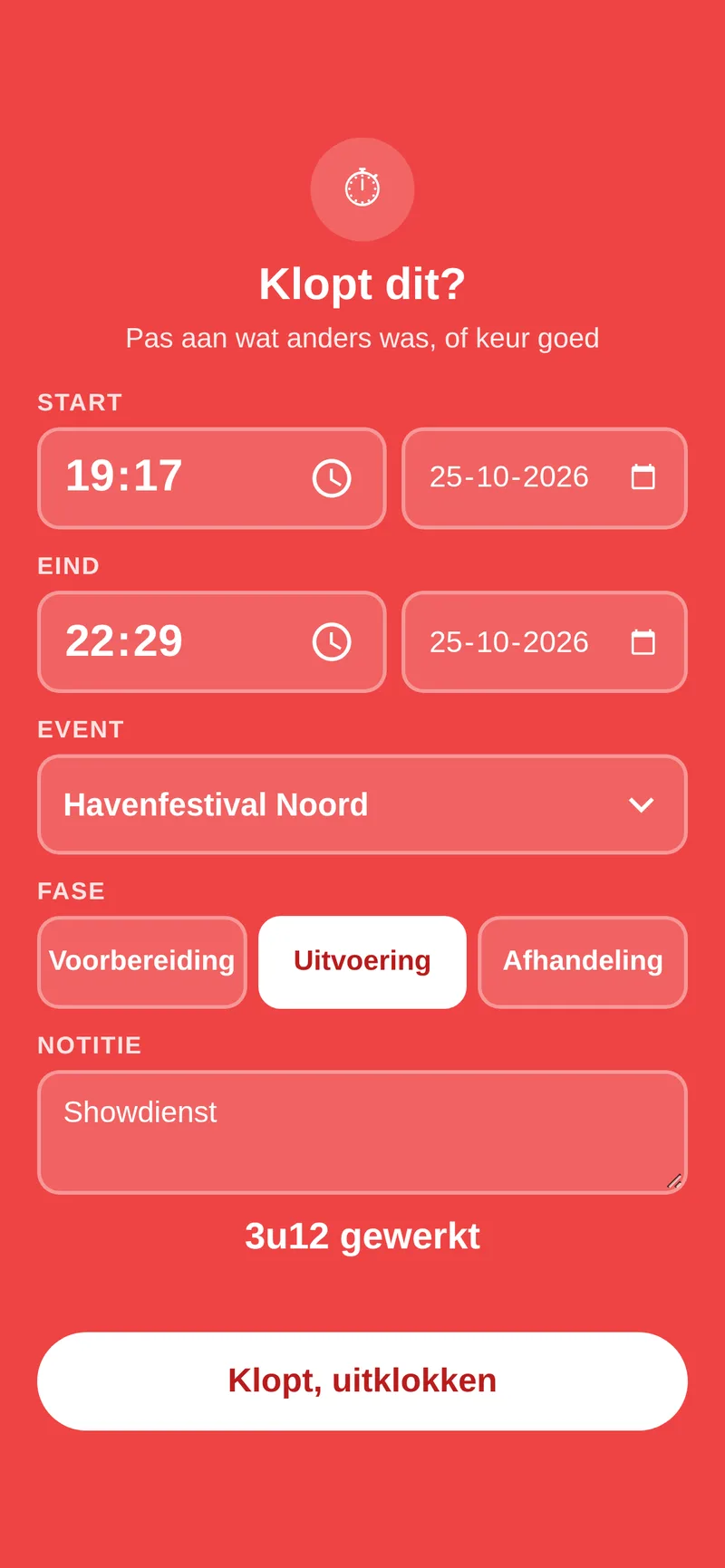 Telefoonscherm bij uitklokken met start- en eindtijd, event en fase
